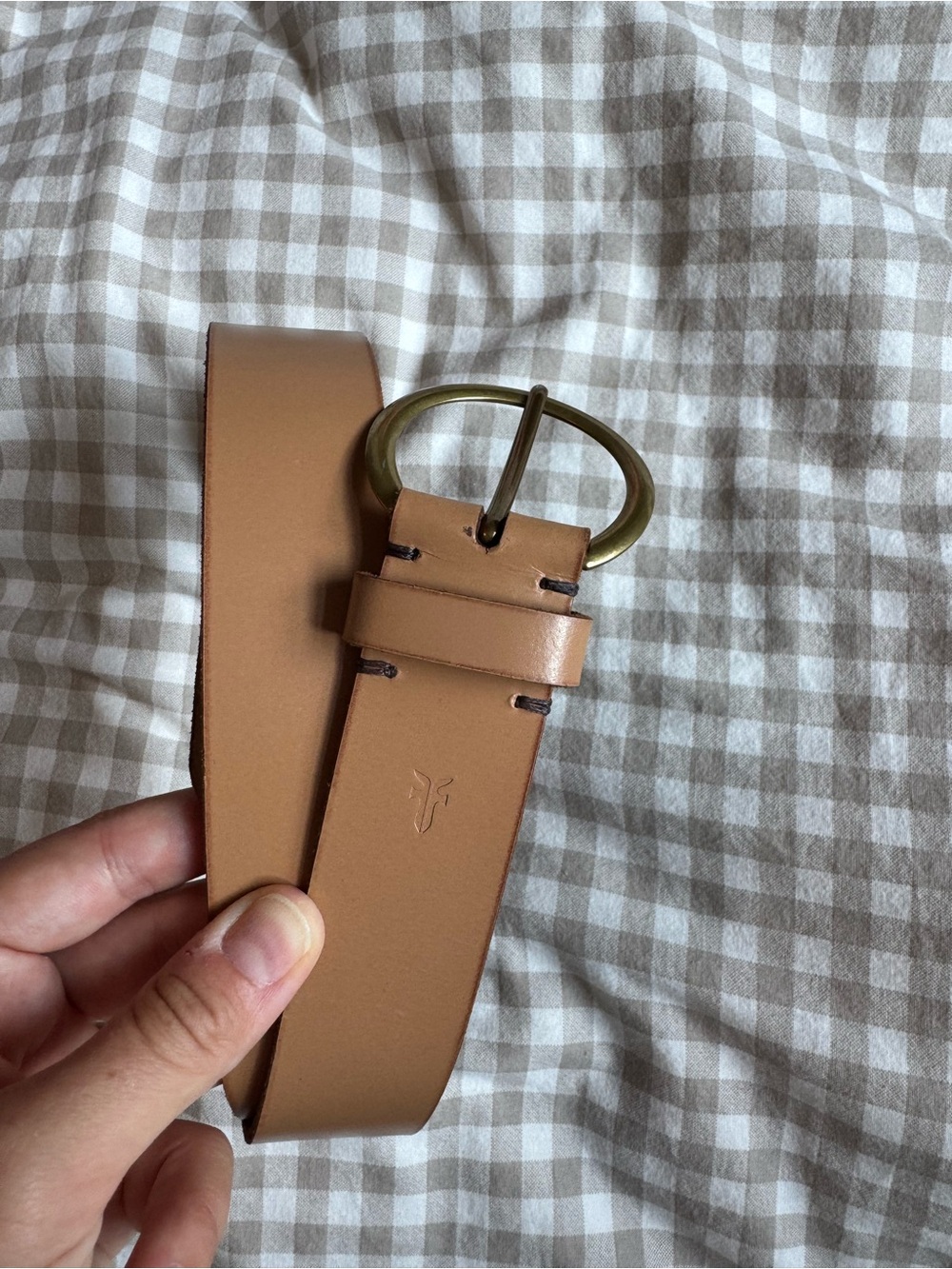 Frye Tan Leather Belt with Brass Oval Buckle